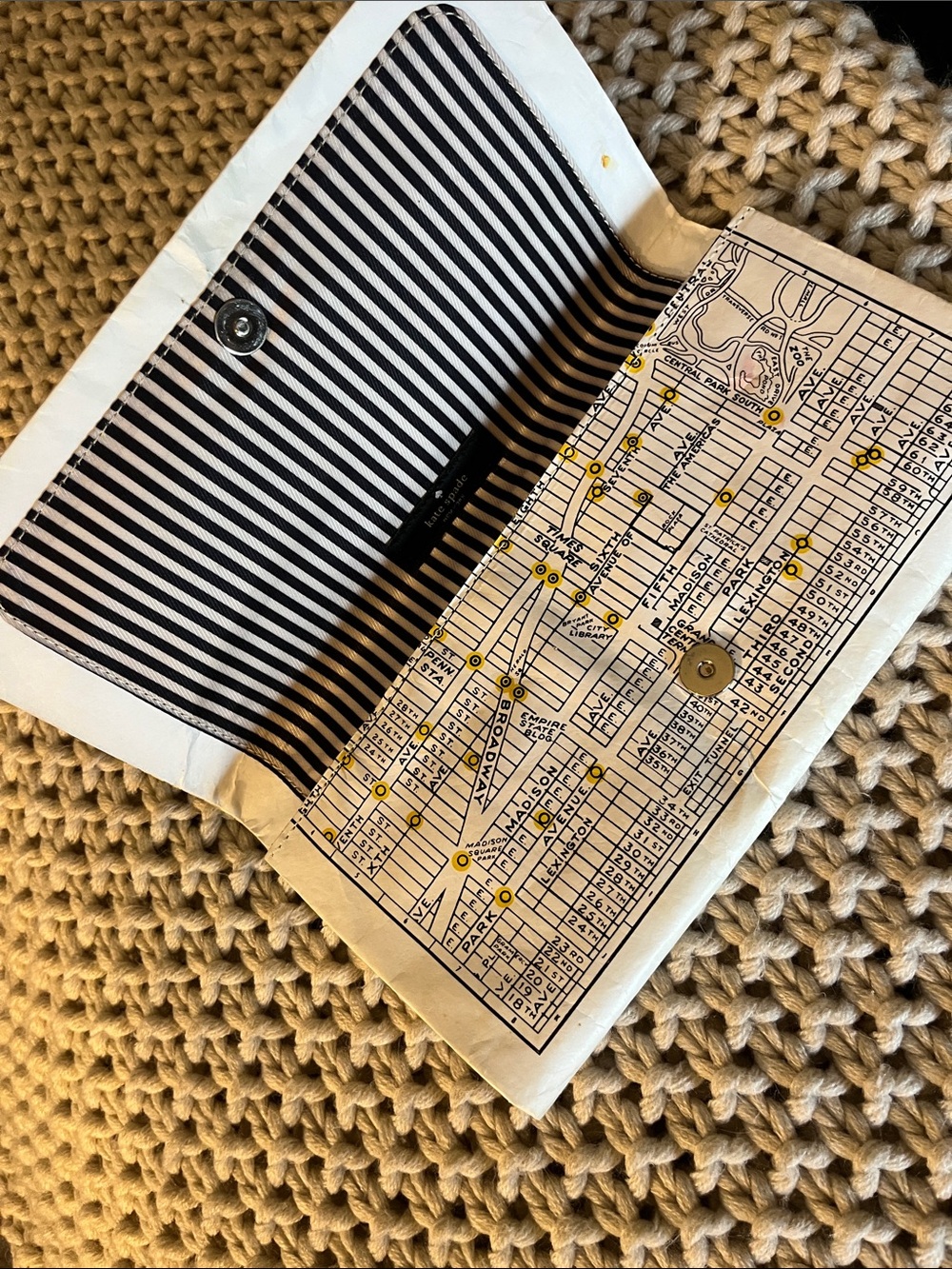 kate spade White Map Print Clutch with Black & White Stripe Lining